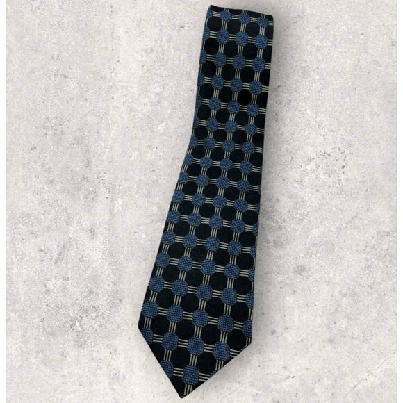 GIANNI VERSACE VINTAGE Silk Tie ITALY Black Blue Geometric W:3.2